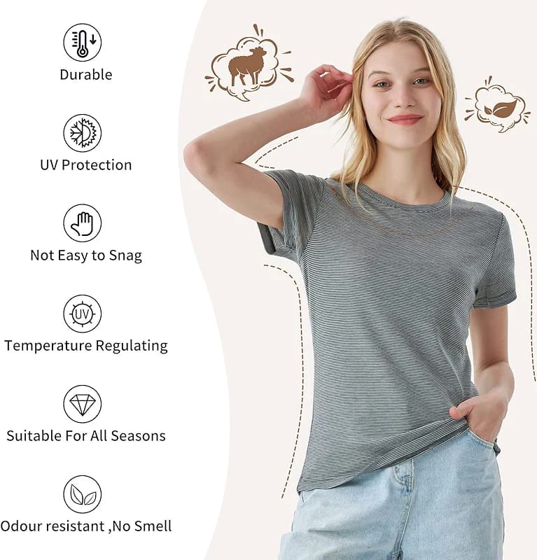 Merino Protect 100% Merino Wool T Shirts Women Crew Neck Tops Short Sleeve — image 3