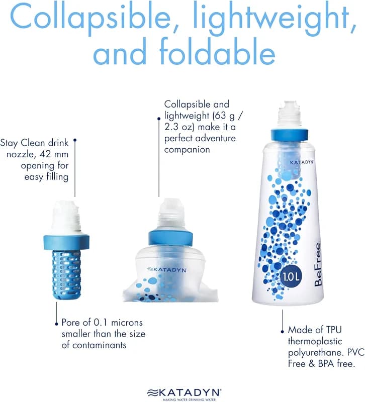 Katadyn BeFree 1.0L Ultralight Collapsible Water Filter Bottle for Hiking