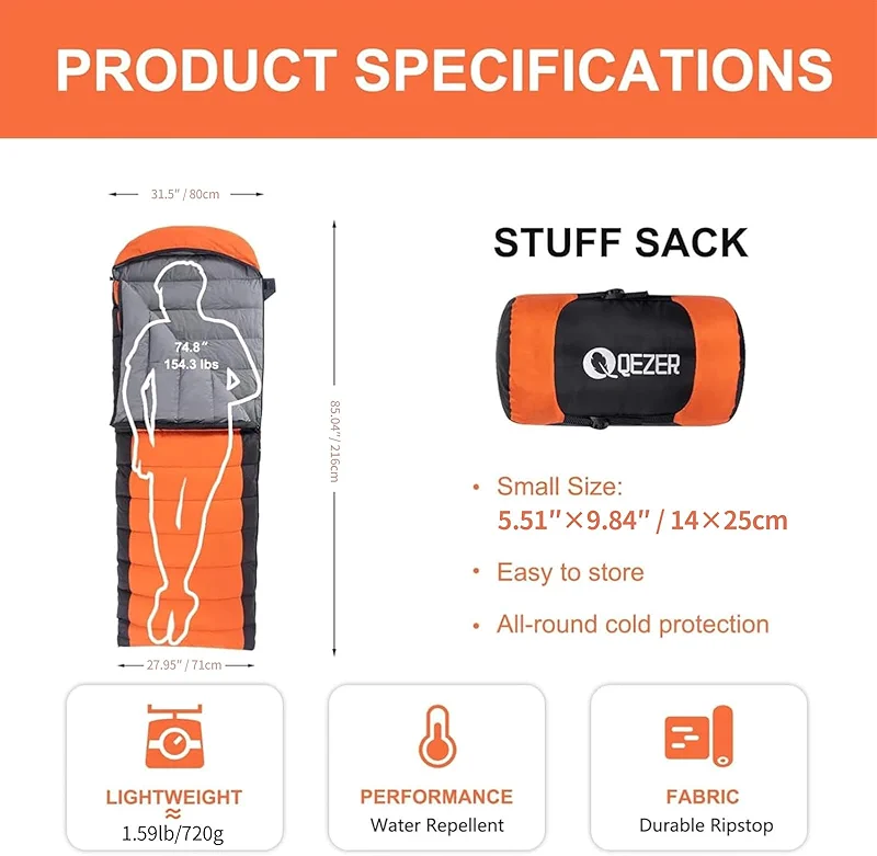 Down Sleeping Bag for Adults 600 Fill Power