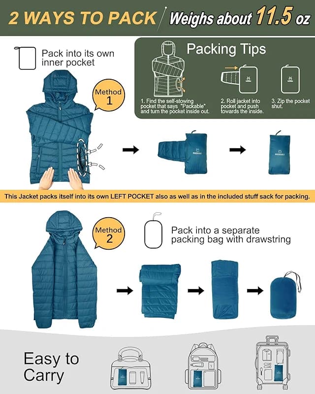 Outdoor Ventures Women's Packable Lightweight Full-Zip Puffer Jacket with